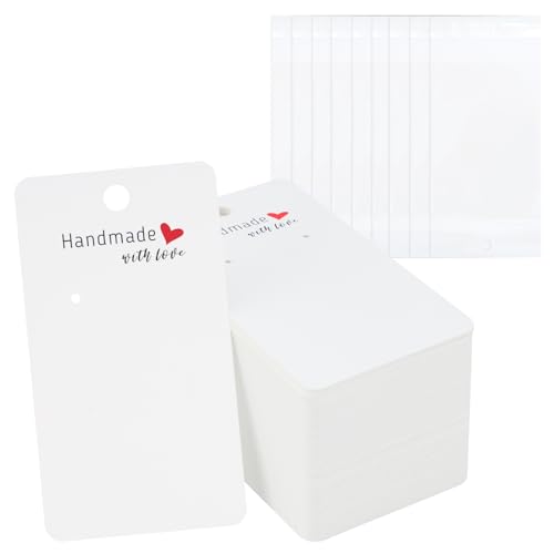joycraft 100Pcs Earring Display Cards with Bags 2x3.5 inch Earring Display Holder Cards White Handmade with Love Earring Tags for Selling Hanging Earring DIY Jewelry Crafts Retail
