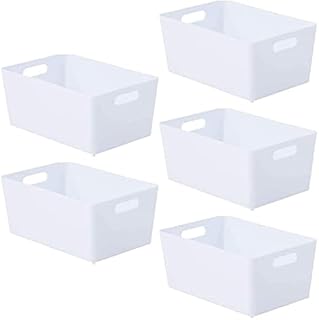 NIFTII Pack of 5 Plastic Storage Baskets with Handle Rectangular Kitchen Organiser Storage Box Home & Kitchen Storage Basket Strong Plastic Basket Storage Box Cupboard Storage Boxes (White)