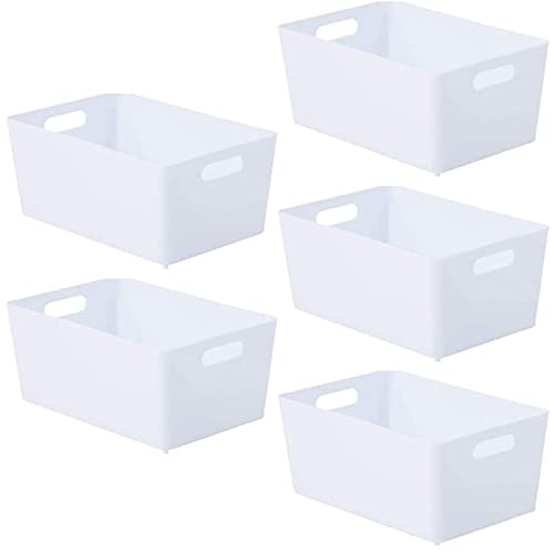 NIFTII Pack of 5 Strong Plastic Storage Baskets with Handle – Rectangular Kitchen Cupboard Organiser Box (White)