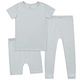 Kids Pajamas Set Rayon, 3Pcs Unisex Toddler Short Shirt and Pants Set Snug Fit Sleepwear Pjs(Sage,90/12-24m)