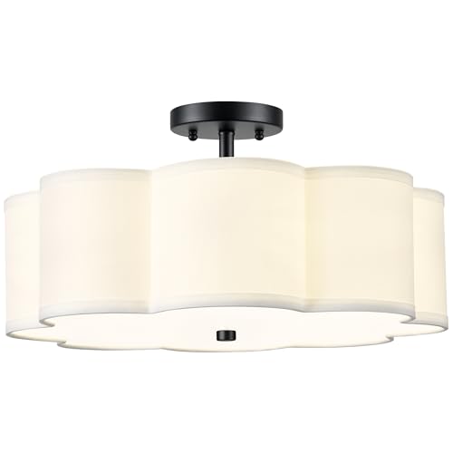 Image of Black Semi Flush Mount Ceiling Lights, 4-Light 18 inch Ceiling Light Fixtures with Fabric Shade in Flower Shape, Farmhouse Drum Lighting for Nursery Bedroom Kitchen, AD-22009-4SF-BK