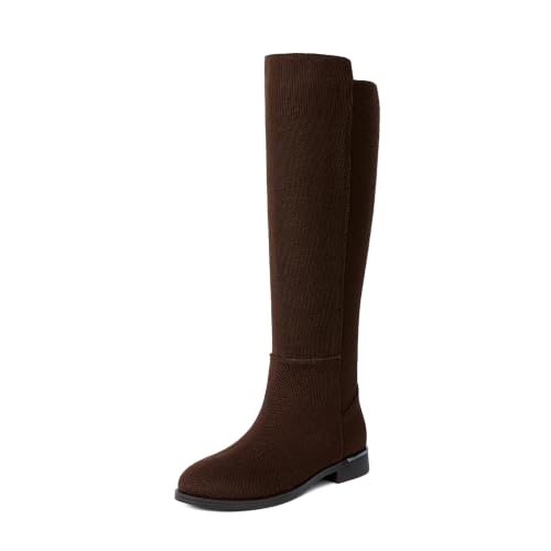 Image of Modatope Rounded Toe Flat Stretchy Dress Knee High Boots Side Zipper