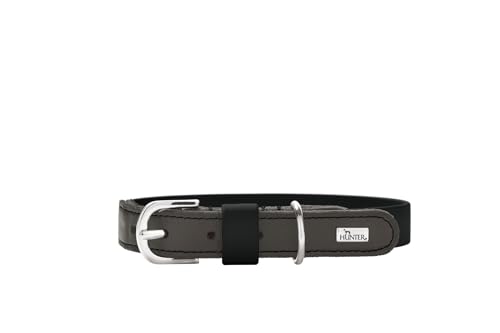 HUNTER Hundehalsband WOLMAR aus BioThane® und Leder, robust, wasserabweisend, pflegeleicht, Kontrastnaht, Made in Germany, Farbe: schwarz/grau, Größe: 45