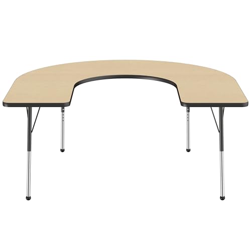 Image of FDP Horseshoe Activity School and Office Table (60 x 66 inch), Standard Legs with Ball Glides for Collaborative Seating Environments, Adjustable Height 19-30 inches - Maple Top and Black Edge