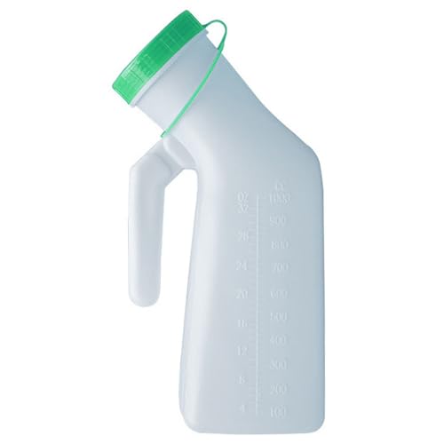 1 Pack Male Urinal Bottle with Glow in The Dark Lid, 33oz/1000mL Plastic Mens Bedpan Bottle with Spill Proof Screw Cap for Travel & Urine Collection, Measuring Scale | Easy Grip Handle (Green)