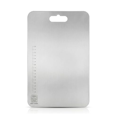 Image of RENVA Stainless Steel Cutting Boards for Kitchen, Double Sided Food-Grade 304 Chopping Board for Meat, Fruit & Vegetable, Rust Resistant Hangable Cutting Board(36x25 cm Silver)