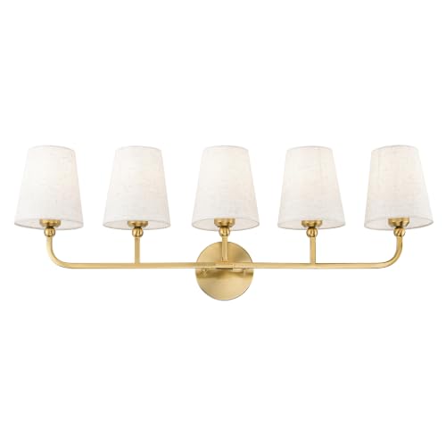 Image of 5-Light Brushed Gold Bathroom Vanity Light with Linen Fabric Shade | 35 Inch gold bathroom light fixture over mirror, UL listed, E26 bulbs, hardwired, upward only, VL837-BG-A-5
