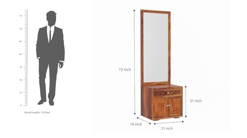 Image of WOODLAB Furniture Solid Sheesham Wood Dressing Table Mirror with Drawer and Cabinet Storage for Bedroom Home | Wooden Dressers for Living Room Hall - Honey Finish