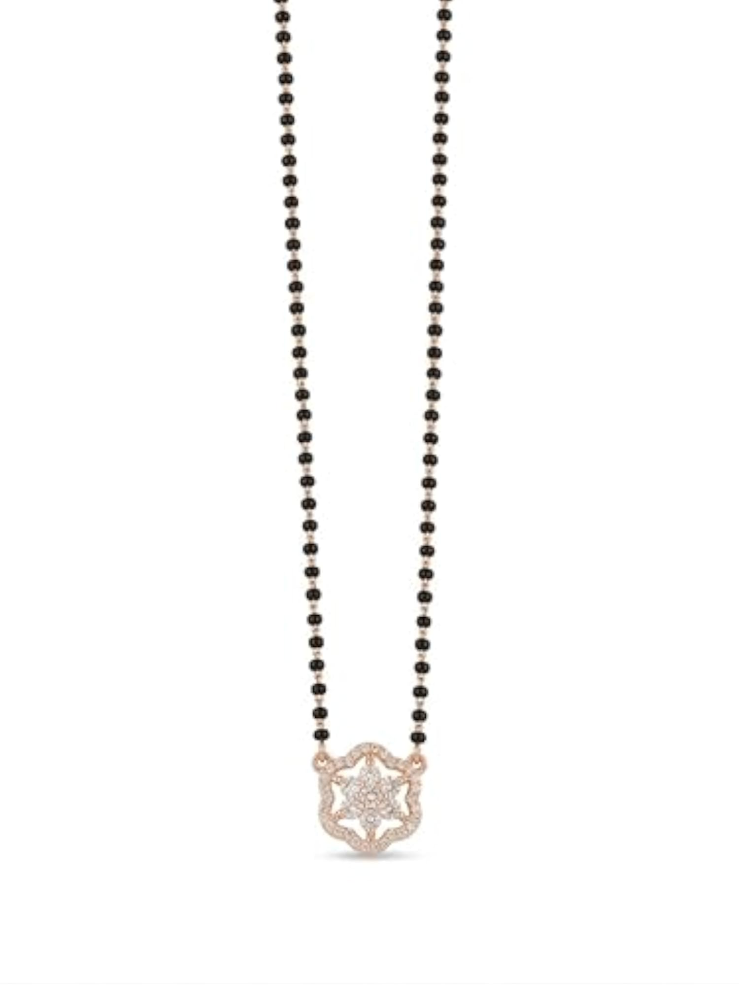 Women's Solitaire Diamond Flower Black Beads Mangalsutra