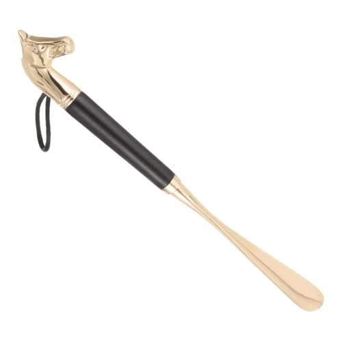 Chausse-pied long en bois massif et laiton doré tête de cheval de 32 cm