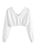Verdusa Women's V Neck Pullover Long Sleeve Crop Top Sweatshirt Solid White S
