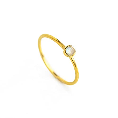 Tiny Rainbow Moonstone Gemstone Set on Dainty Thin Ring Band, Simple Stackable June Birthstone Ring