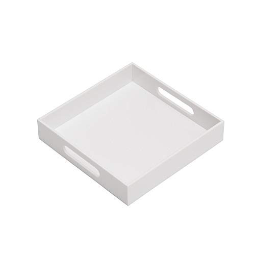 KEVLANG Glossy White Sturdy Acrylic Serving Tray with Handles-10x10Inch-Serving Coffee,Appetizer,Breakfast,Butler-Kitchen Countertop-Makeup Drawer Organizer-Vanity Table,Ottoman Tray-Decorative Tray