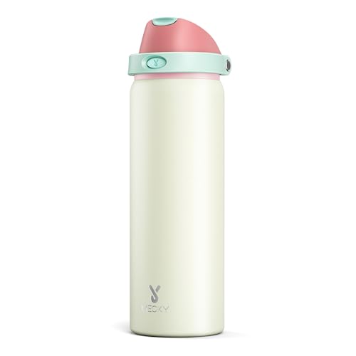 Image of 32 oz Insulated Water Bottle with Straw: Meoky Stainless Steel Metal Water Bottle with 2-in-1 Lid - Leak Proof, Cold for 24 Hours, Protective Silicone Base, BPA-Free for Sports Gym, Cream