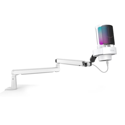 FIFINE Gaming RGB Microphone and Podcast Boom Arm Bundle,USB Condenser Microphone with 3.5mm Headphone Jack,Mute Button,Mic Stand with Low Profile,Cable Management for Live Streaming(A8W+BM88W)