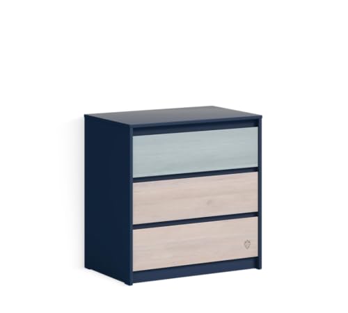 Dar - Cómoda de 3 cajones para habitación de los niños, cómoda moderna de diseño esencial, combinación de colores gris claro y azul marino, mueble funcional para organización diaria 72 x 46 x 74 cm