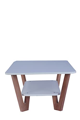 Image of Wooden Coffee Table with Solid Wood Legs, Engineered Wood Center Table for Living Room, Frosty White Finish