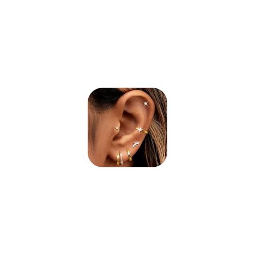 Florideco Small Gold Hoop Earrings 14K Gold Plated Hypoallergenic Flat Back Earrings Surgical Stainless Steel Cartilage Earring Sets for Multiple Piercing Trendy Earring Stacks Flatback Stud Earrings