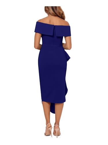 Image of Betsy & Adam Women's Women's Midi-Length, Off-The-Shoulder, Asymmetric Hem, with Draped Detail and Fitted Silhouette