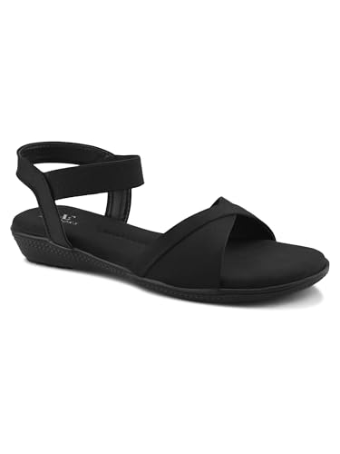 Image of XE Looks Black Criss-Cross Flat Sandals for Women | Secure Ankle Strap | Cushioned Footbed | Lightweight Casual Footwear For Girls