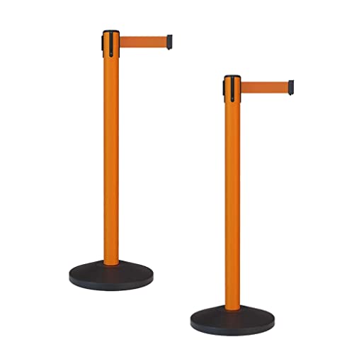 Montour Line MS630 Set of 2 Retractable Belt Barrier Stanchion, Sloped Base, Orange Post (9 ft Orange Belt)