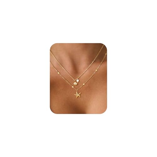 Muschelkette für Damen Layering Halskette Damen Gold Anlaufgeschützt Einstellbare Hypoallergen Wasserfest Edelstahl Halskette mit Muschel Perlen Anhänger Schmuck für den Sommer-Strandurlaub