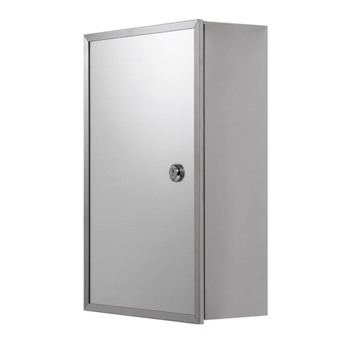 Croydex Trent Bathroom Wall Cabinet with Lock and Key - Mirrored Door Stainless Steel Medicine Cabinet with Fixed Internal Shelf Includes Fixings and Keys Pre-assembled (40x25cm)