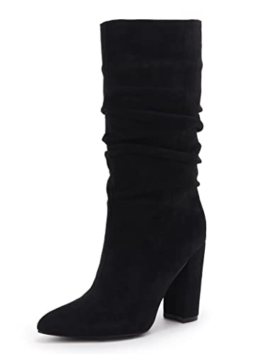 Syktkmx Womens Mid Calf Dress Boots Slouchy Pointed Toe Fall Winter Chunky Block High Heel Slip On Boots #TOP5