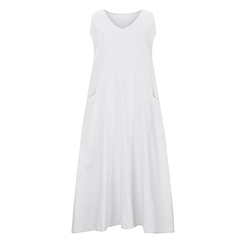 F-245 Vestidos femininos brancos de manga curta folgados com decote em V em linho falso praia lounge