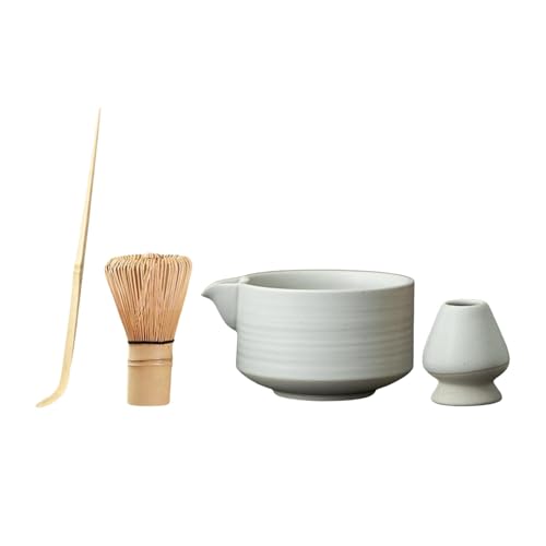 LOL-FUN 抹茶セット 抹茶泡立て器とホルダー 茶器セット 手作り茶碗 中国製抹茶スプーン 茶器セット 注ぎ口付き抹茶碗, 白