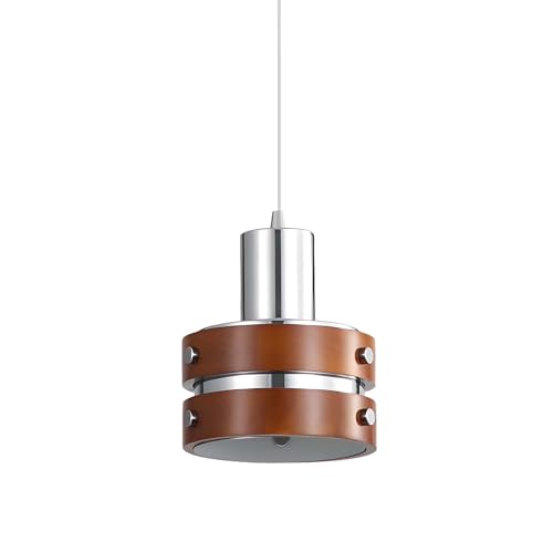 LFsem Lampe Suspendue Chrome Mid-Century avec Finition Bois – Suspension Luminaire Vintage Moderne E27 Lustre pour Chambre, Salle à Manger & Café (1 Pack)