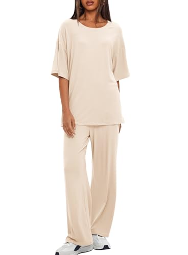 Image of Darong Women's Two Piece Sets Casual Short Sleeve Top Wide Leg Pants Lounge Matching Set Travel Vacation Airport Outfits