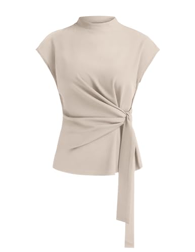 Zelroxa Womens Cap Sleeve Tops Wrap Tie Front Mock High Neck Elegant Blouses Blusas Business Dressy Casual Work Shirts Evening Sleeveless Formal Basic Tank Tops Office Attire Beige