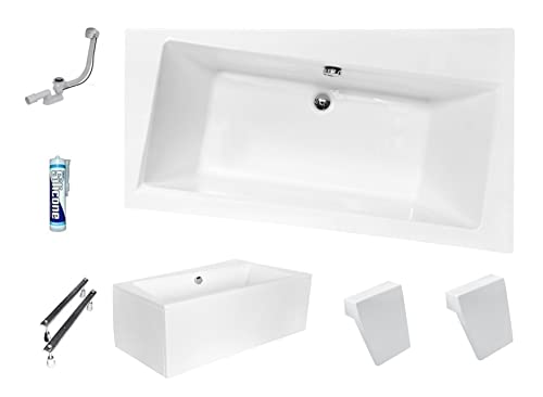 ECOLAM® Badewanne Infinity Trapez Eckwanne mit Ablauf mittig für Zwei 170x110 cm RECHTS + Acrylschürze + 2 x Kopfstütze Ab- und Überlauf Automatik Füße Silikon Komplett-Set - IDEAL FÜR ZWEI PERSONEN – Bild 3