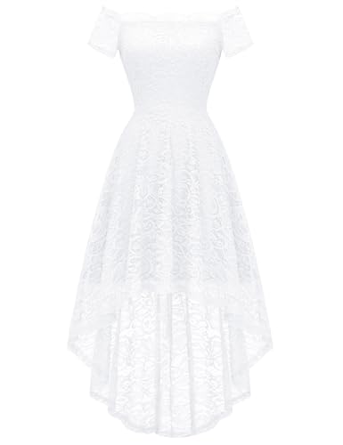Dressystar Women's Lace Cocktail Dress Hi-Lo Off Shoulder Bridesmaid Swing Formal Party Dress 0042 White L