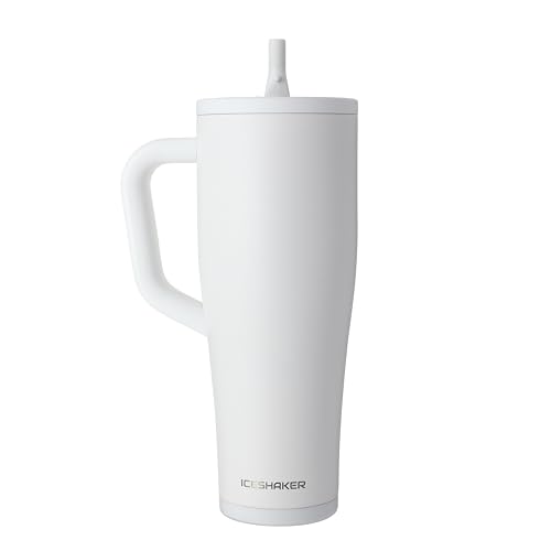 Image of Ice Shaker 40 oz Tumbler with Handle and Straw | 40oz White | Cold for 30+ Hours | 2-in-1 Tumbler Shaker Bottle | Odor-Free 40 ounce Bottle for Water, Protein Shakes, Smoothies, Cocktails