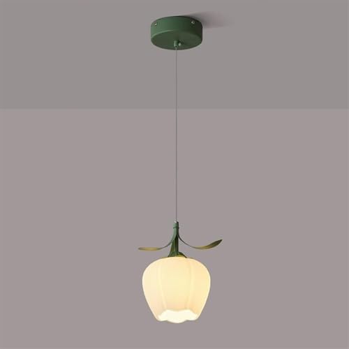 Flower Bud Glass Pendant Light – Modern Floral Hanging Lighting Fixture for Bedroom Bedside, White/Green Kitchen Island Lighting, Height Adjustable Mini White Glass Ceiling Pendant Lamp, E27(Green flo