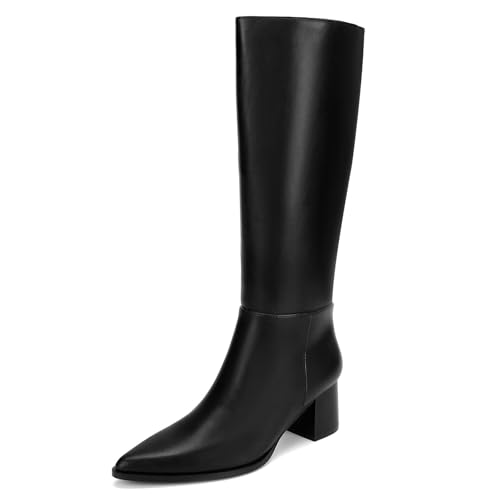 Knee High Boots for Women Faux Leather Pointed Toe Chunky Mid Heeled Boots with Side Zip