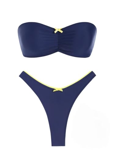 seamoly Sexy Blue Gingham Bow Decor Ruched Backless Lace Up Bandeau Bikini Set Strapless Swimsuits for Women