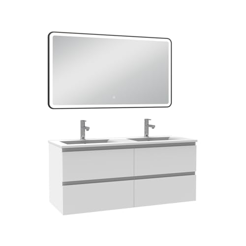 AICA Meuble Salle de Bain 120cm Blanc Double Vasque + Miroir Lumineux 3 Couleurs + dimmable