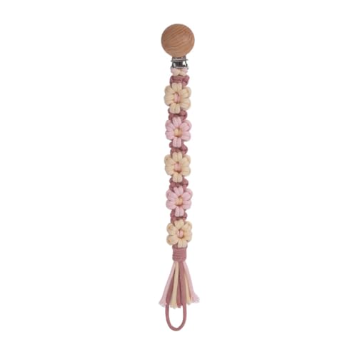 Image of Pacifier Clip for Boys Girls Floral Daisy Macrame Baby Paci Clip Pacifier Holder Leash Boho Wooden Clips Handmade Braided Cotton Binky Clips (1pack:Caramel Style B)