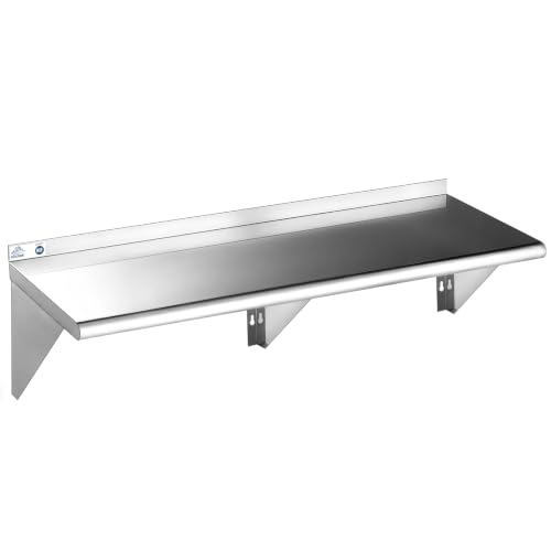 ROCKPOINT Stainless Steel Shelf 14 x 60 Inches 400lb, NSF Metal Commercial Shelves Wall Mount Floating Shelving with Backsplash for Restaurant, Kitchen, Home and Hotel, Silver