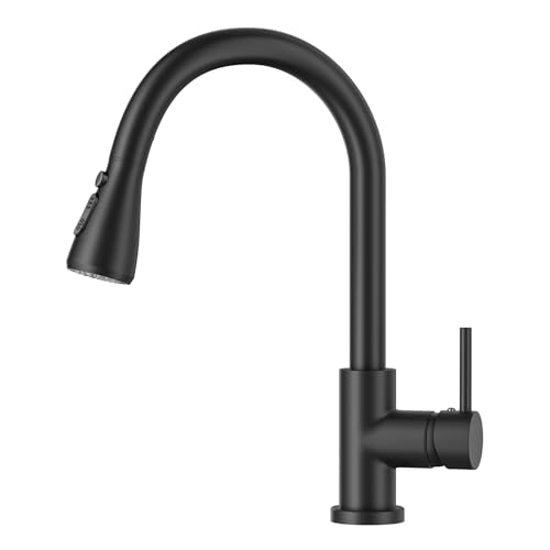 BESy Mitigeur de Cuisine 3 Fonctions en Acier Inoxydable avec Douchette Rétractable, Robinet Haut pour Évier de Camping-Car ou Buanderie, Noir Mat