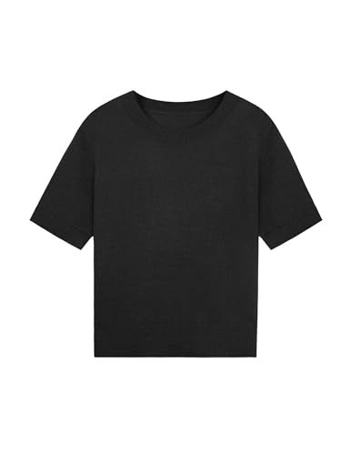 Image of Libsorge Womens Cropped Short Sleeve Sweater Fall 2025 Crewneck Sheer Knit Tops - Lightweight, Thin, Crop, Slim Fit