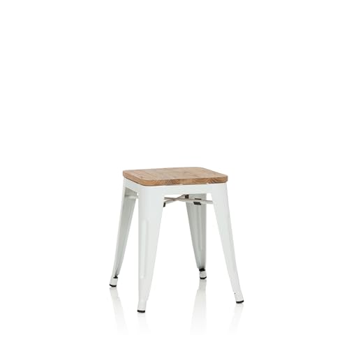 hjh OFFICE 645042 Metall Hocker VANTAGGIO W Weiß/Holz Sitzhocker im Industry-Design mit Holz-Sitzfläche, stapelbar, niedrig