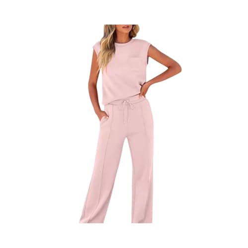 Women's Casual Sleeveless Top and Drawstring Pants 2-Piece Set,Solid Color Round Neck Top Wide Leg Pant Sets