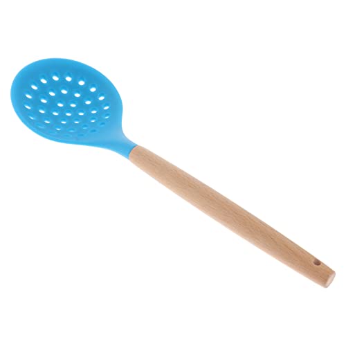 KICHOUSE Silicone Skimmer Spoon with Wooden Handle Heat Resistant Colander for Quick Oil Separation Kitchen Utensil for Home Restaurant and Bar Blue
