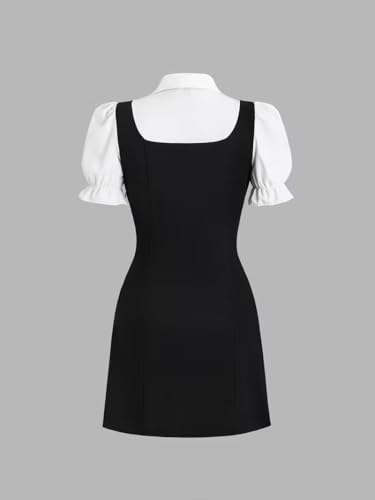 Image of Women Short Dresses 2 In 1 Colorblock Turndown Collar Lantern Sleeve Black Suit Cute Dress
