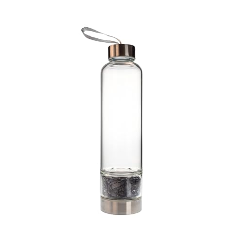 Down To Earth Obsidian Crystal Infused Water Bottle 15oz Glass Bottle with Natural Crystal Chips & Black Sleeve Protection Grounding & Cleansing Energy (Black Obsidian)