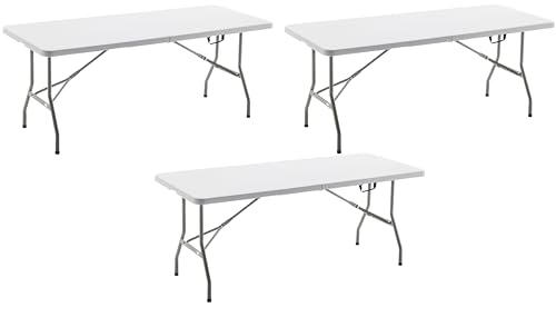 Image of BTEXPERT, Fold-in-Half Folding Table 6 Feet 72 inchx 29.5 inch Lightweight Portable Carrying Handle Indoor Outdoor Picnic Camping Office Home Party Wedding Event White Set of 3